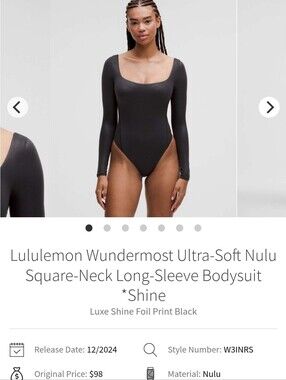 Lululemon Wundermost Long-Sleeve Square-Neck Bodysuit, Sz S, Luxe Black, NWT
